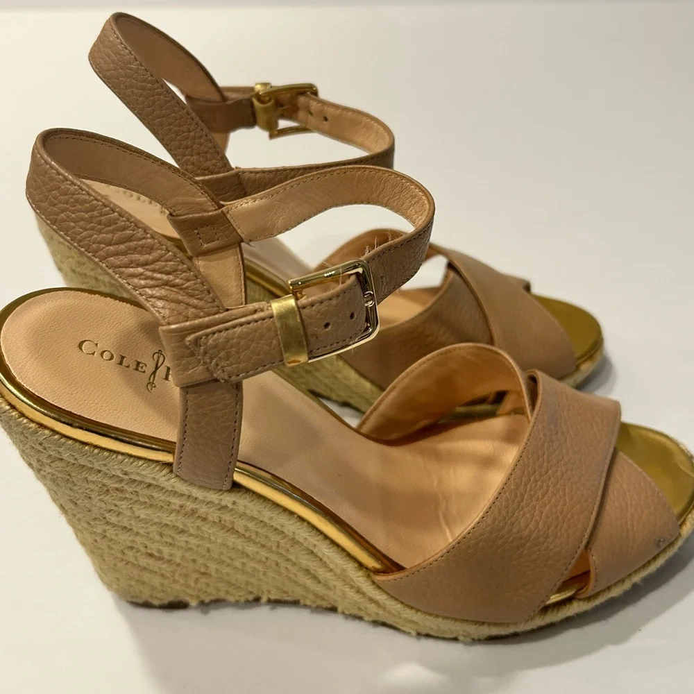 Cole Haan Women's Tan Leather Wedge Sandals‎ Size 8 Preowned